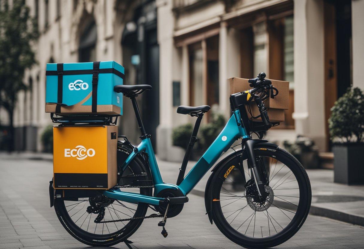 A bicycle with a delivery box attached, surrounded by electric scooters and a hybrid delivery van, all with eco-friendly logos