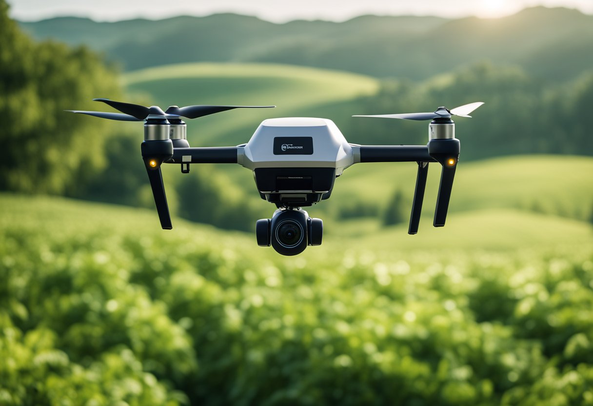 A delivery drone hovers over a lush green landscape, carrying a package with a "Technological Enablers Eco-Friendly Same-Day Delivery Solutions" logo