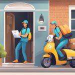 A courier delivering packages to a happy customer's doorstep, saving time and providing reliable, secure, and efficient service