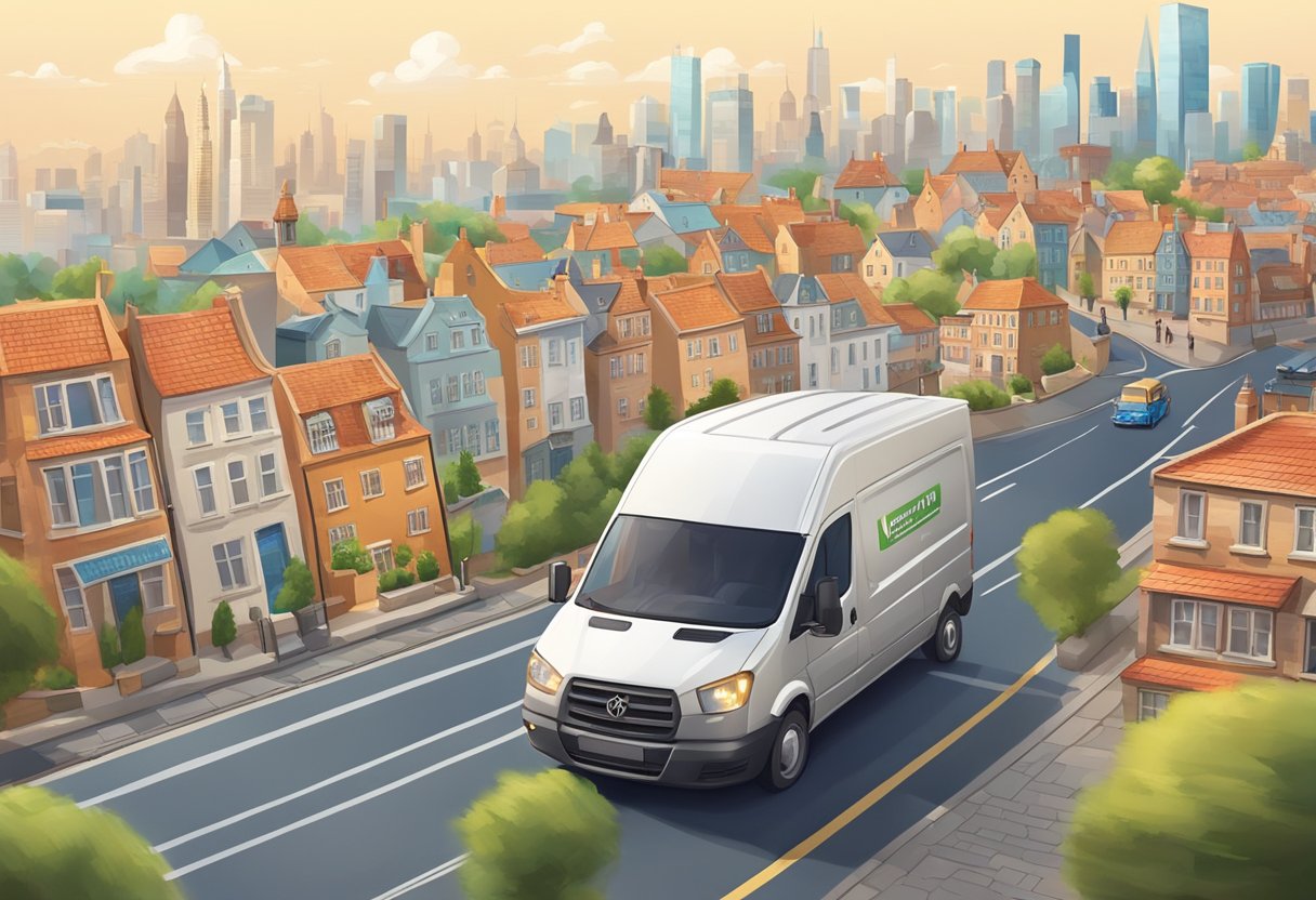 A courier van speeds across a city skyline, passing by iconic landmarks and bustling streets, delivering packages to various international destinations