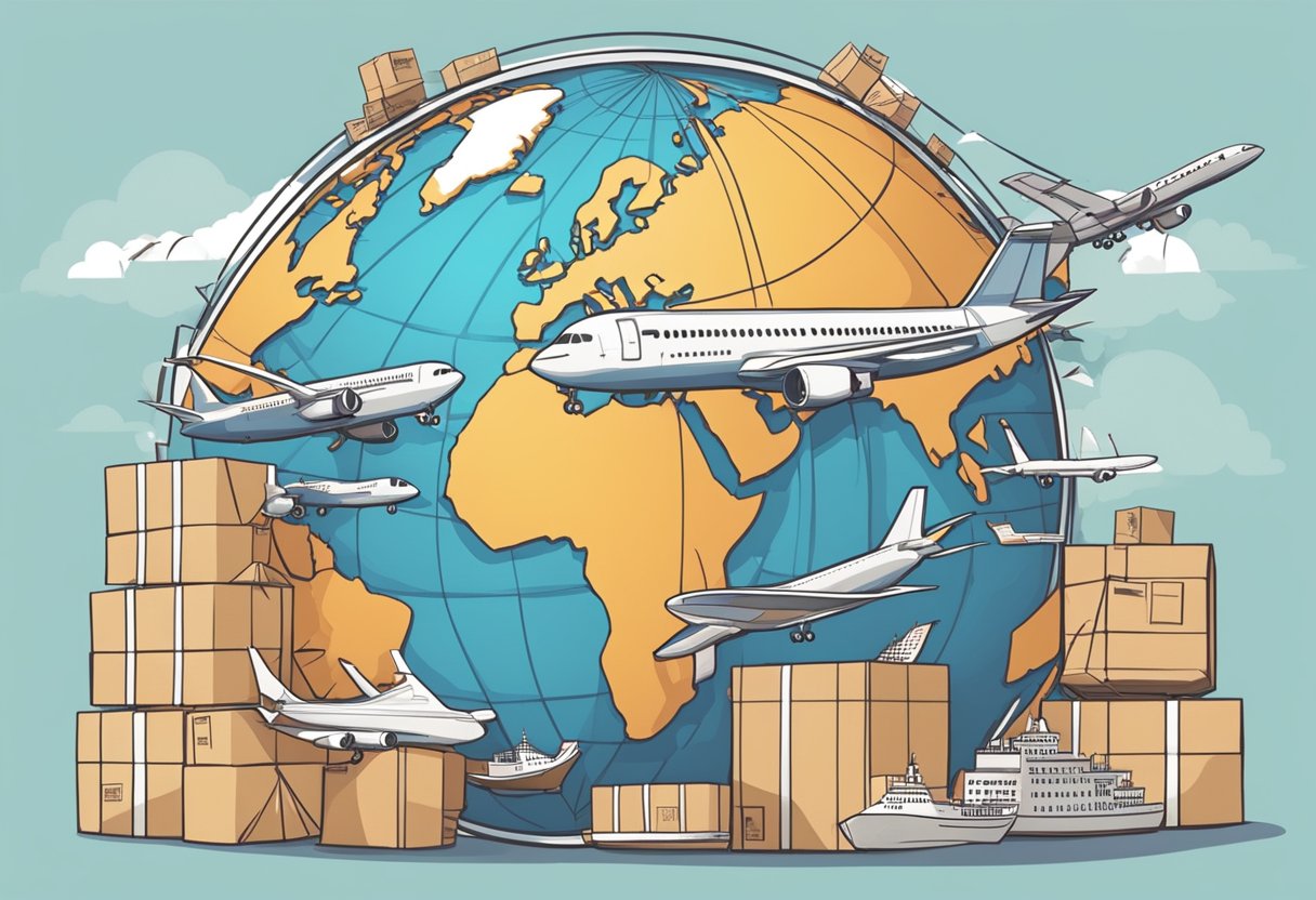 A globe surrounded by parcels and envelopes, with airplanes and ships in the background, symbolizing global expansion through international courier services