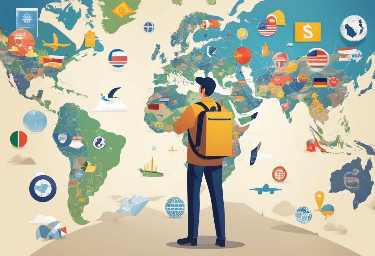 A business owner examines a world map, surrounded by various international courier logos, while considering the best partner for expanding their business reach