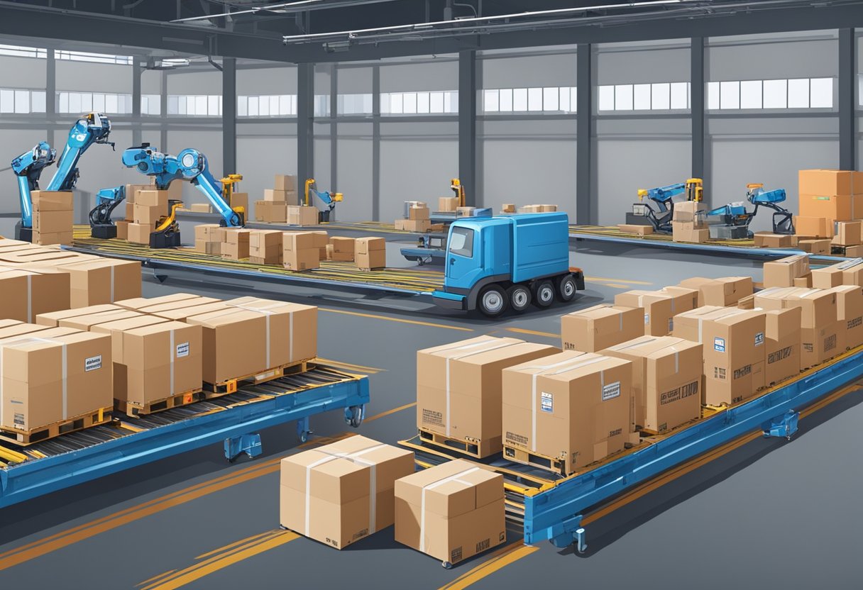 A warehouse with automated conveyor belts and robotic arms sorting packages for international shipping. Drones and self-driving vehicles are loading goods onto cargo planes and trucks