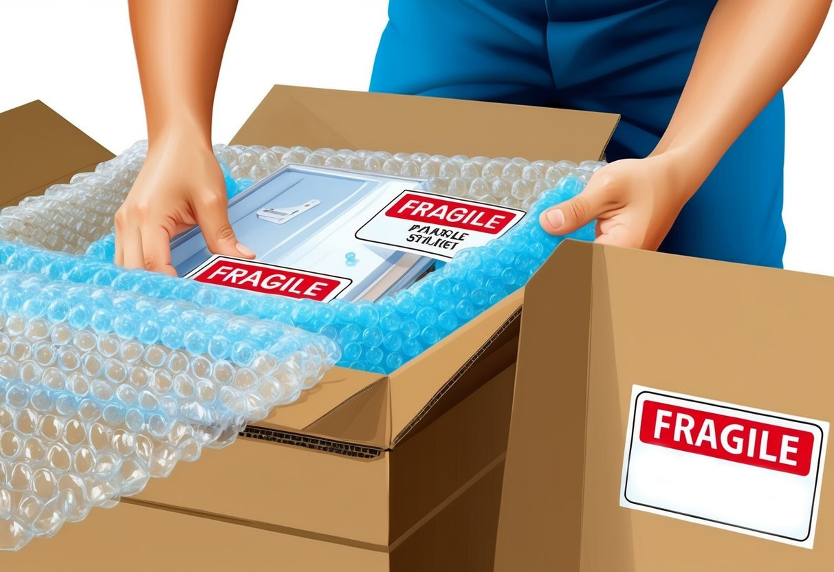 A pair of hands carefully wrapping delicate items in bubble wrap and placing them in a sturdy cardboard box. Fragile stickers are placed on the outside