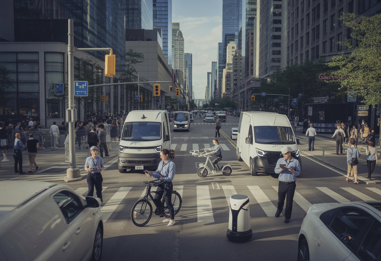A busy city street with delivery vehicles, workers using devices, pedestrians, and smart city technology showing urban logistics in action.