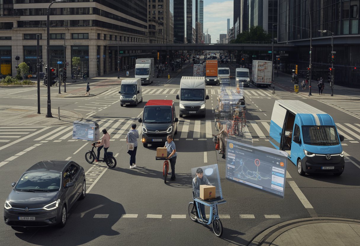 A busy city street with delivery vehicles, couriers handling packages, and digital devices showing route information amid urban traffic and buildings.