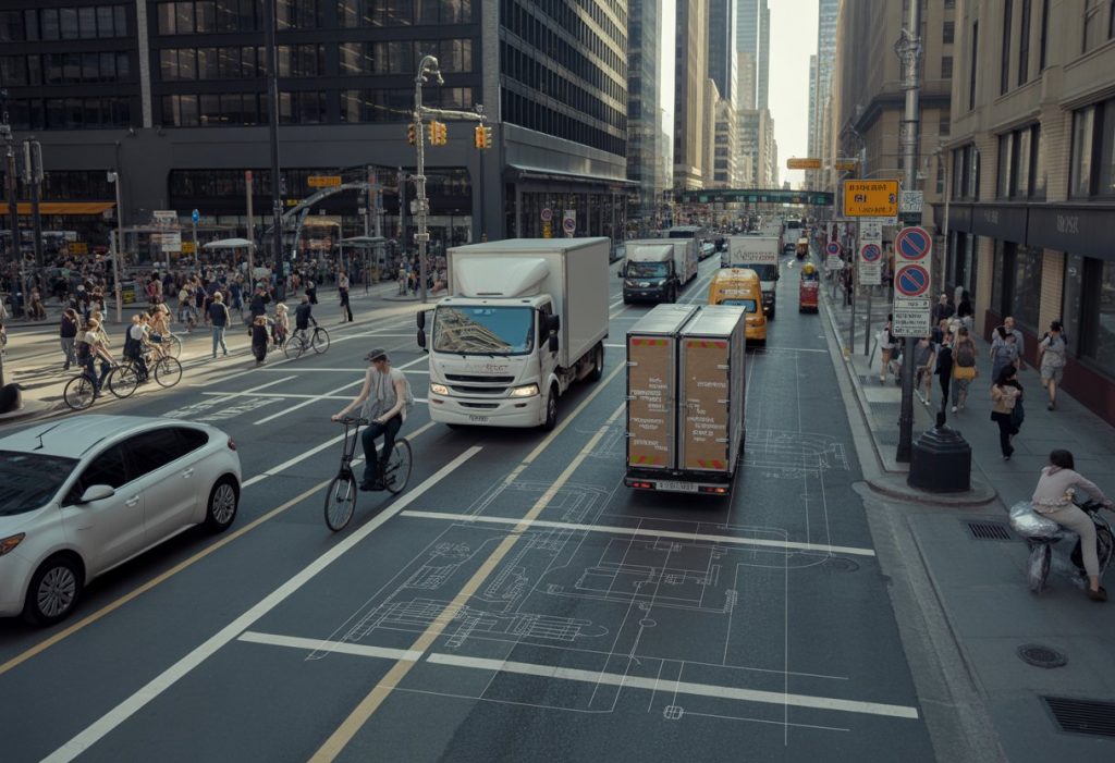 A busy city street with delivery vehicles, cyclists, pedestrians, tall buildings, and traffic signs showing restrictions.