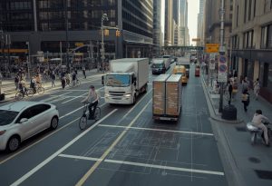 A busy city street with delivery vehicles, cyclists, pedestrians, tall buildings, and traffic signs showing restrictions.