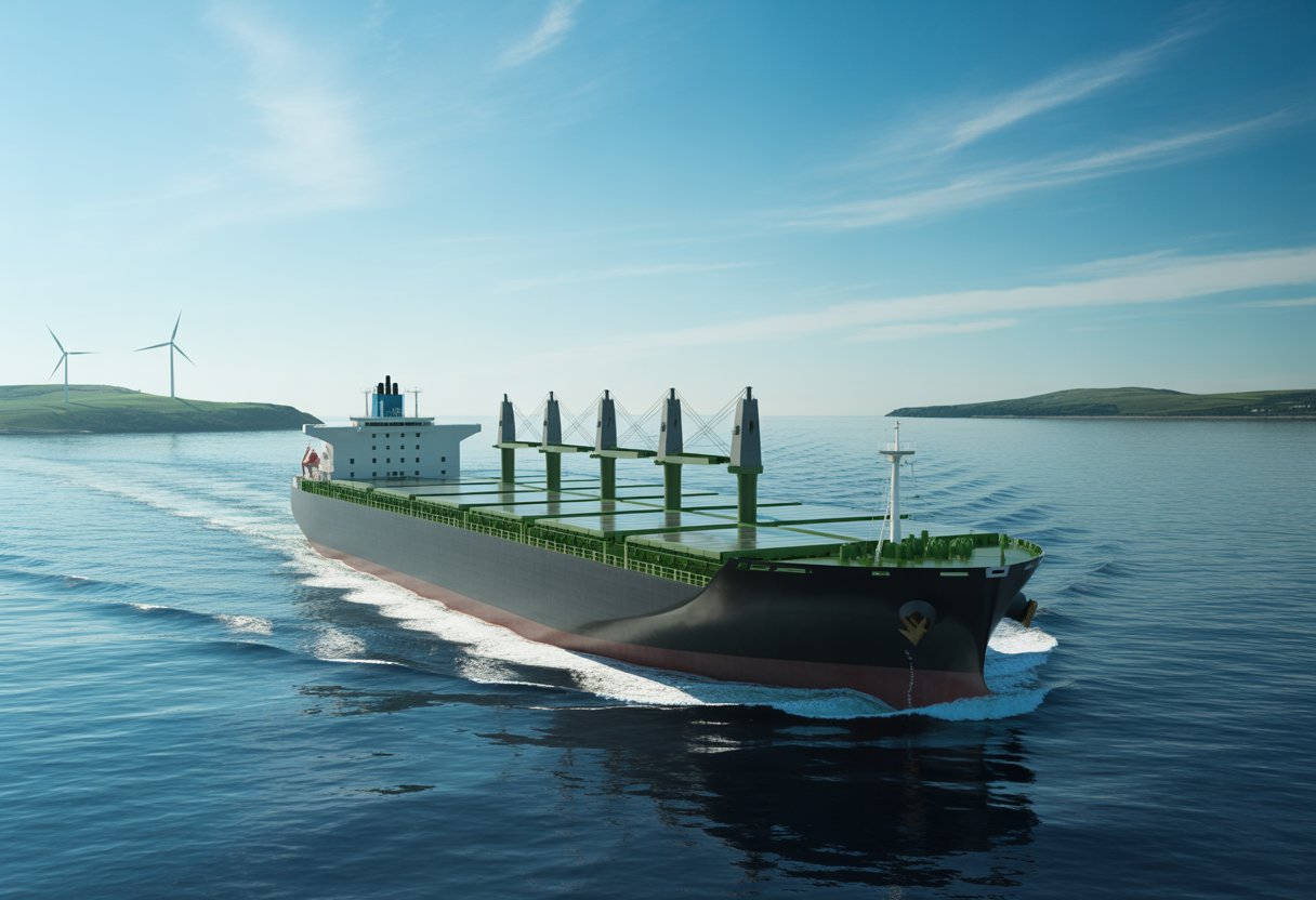 A large cargo ship with solar panels and wind turbines sailing on the ocean near a green coastline with wind turbines.