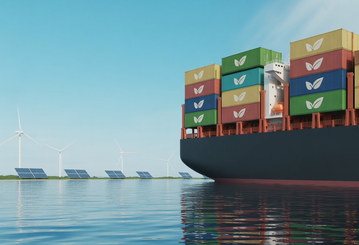 A cargo ship sailing on calm ocean waters with wind turbines and solar panels visible on the distant shoreline.
