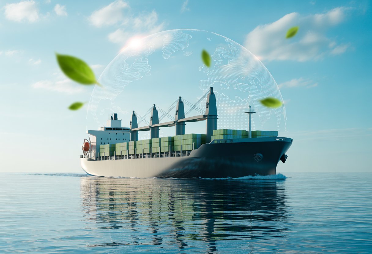 A cargo ship with eco-friendly technology sailing on a clear blue ocean under a bright sky, surrounded by green leaves and a faint globe outline in the background.