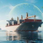 A large cargo ship with eco-friendly features sailing on the ocean near a busy shipping port.