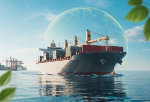 A large cargo ship with eco-friendly features sailing on the ocean near a busy shipping port.
