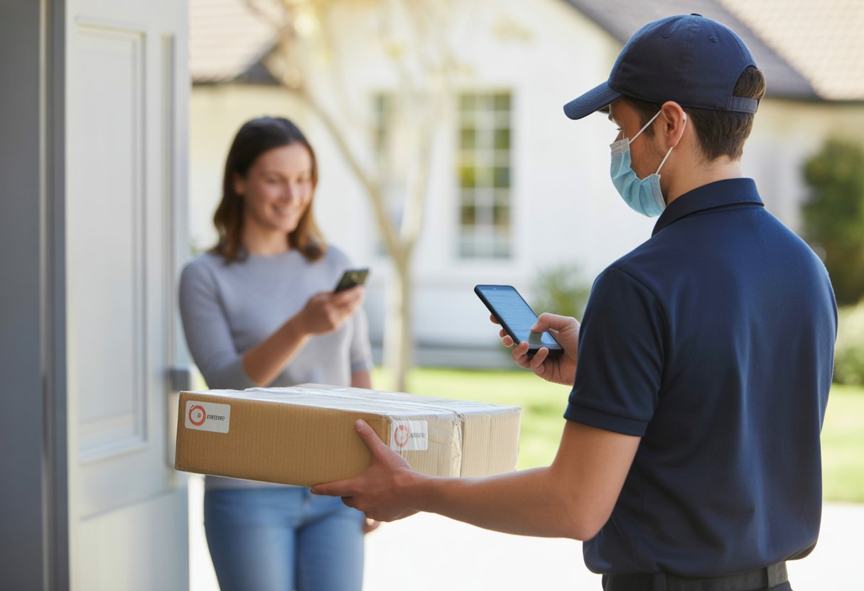 A delivery person placing a package on a doorstep while a person watches from a distance, both outside a modern home - Contactless Deliveries.