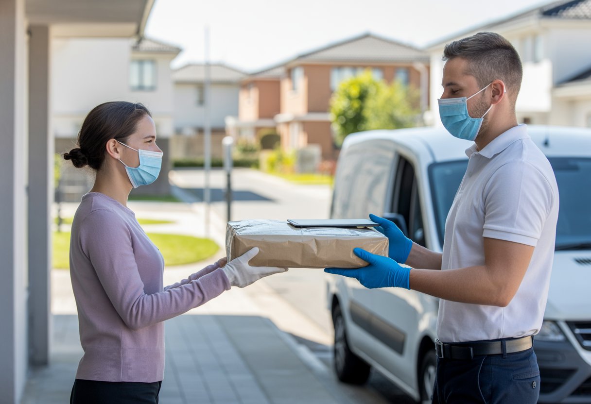 A delivery person wearing a mask hands a sealed package to a customer at their doorstep with no physical contact.