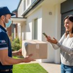 A delivery courier hands a sealed package to a customer at their doorstep while both maintain distance, with a smartphone showing delivery confirmation.