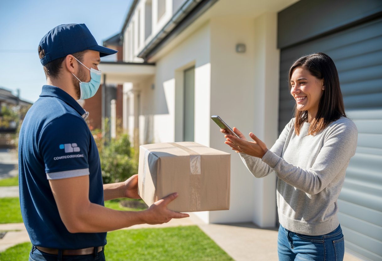 A delivery courier hands a sealed package to a customer at their doorstep while both maintain distance, with a smartphone showing delivery confirmation.