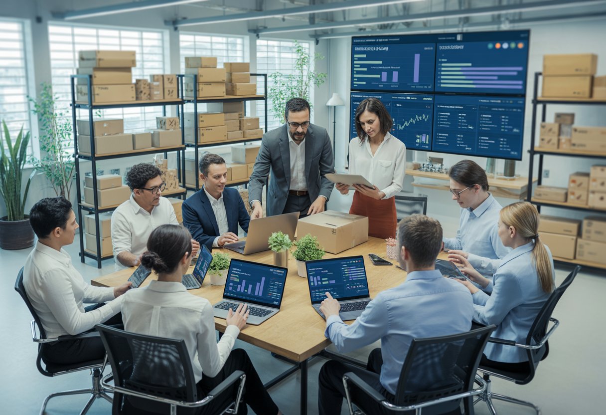 A group of business professionals working together around a table with electronic devices and packaged delivery boxes in a bright office.