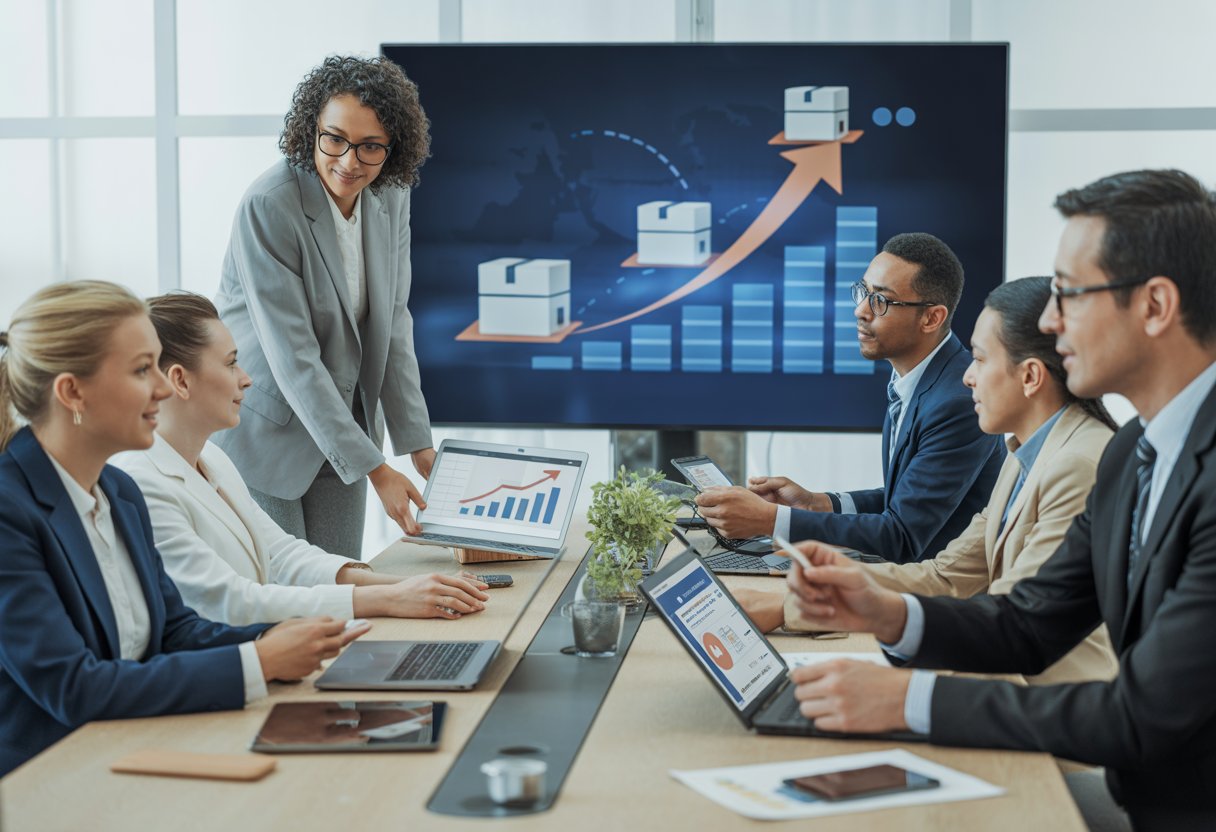Business professionals in a meeting room discussing subscription based delivery plans with charts and digital maps displayed.