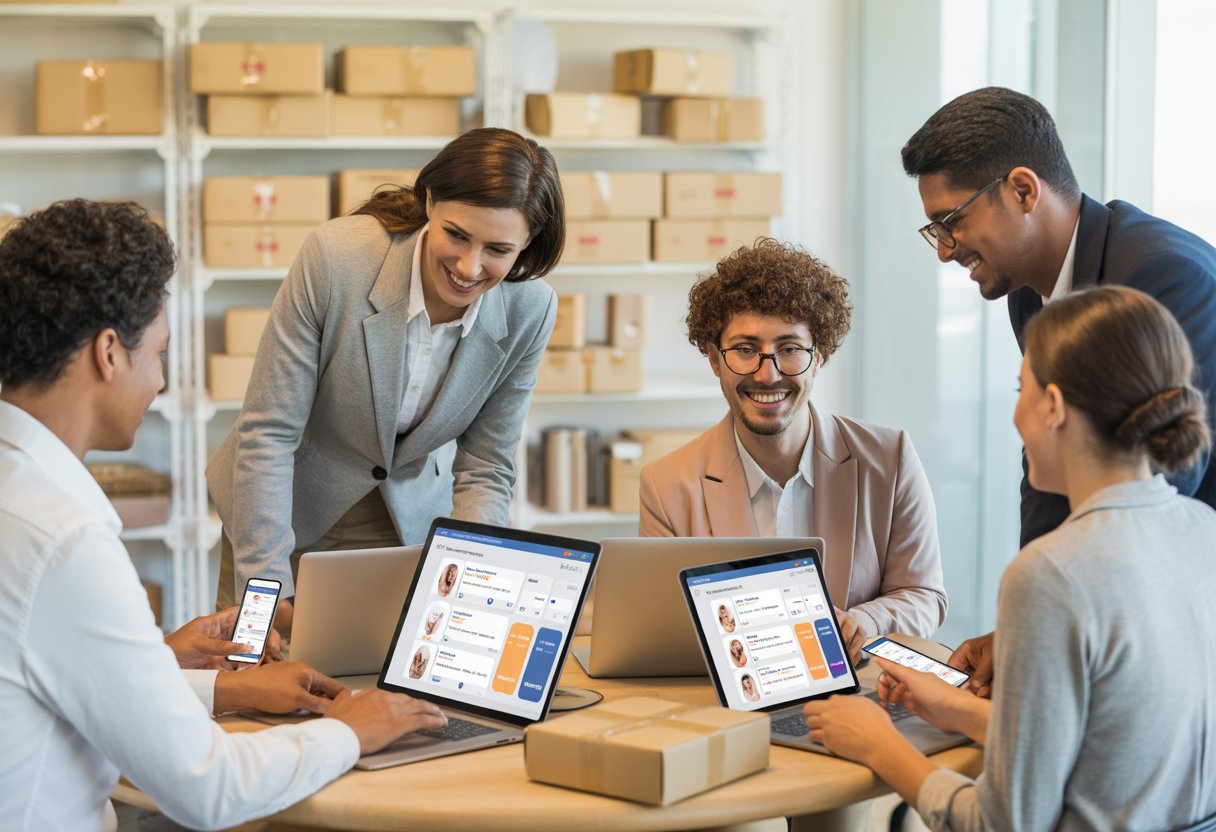 A group of professionals collaborating around a table with devices and subscription boxes in a bright office.