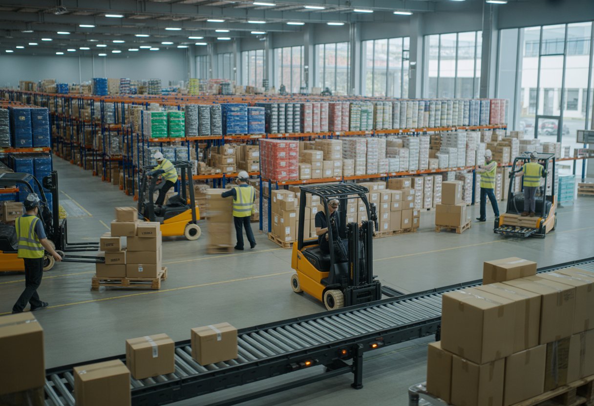 Inside a busy warehouse with workers moving packages, tall shelves filled with boxes, and delivery trucks being loaded.
