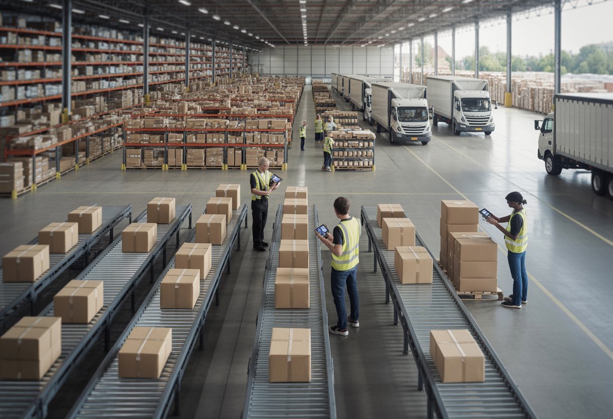 Inside a busy warehouse with shelves of boxes, workers scanning packages, conveyor belts moving parcels, and delivery trucks being loaded.