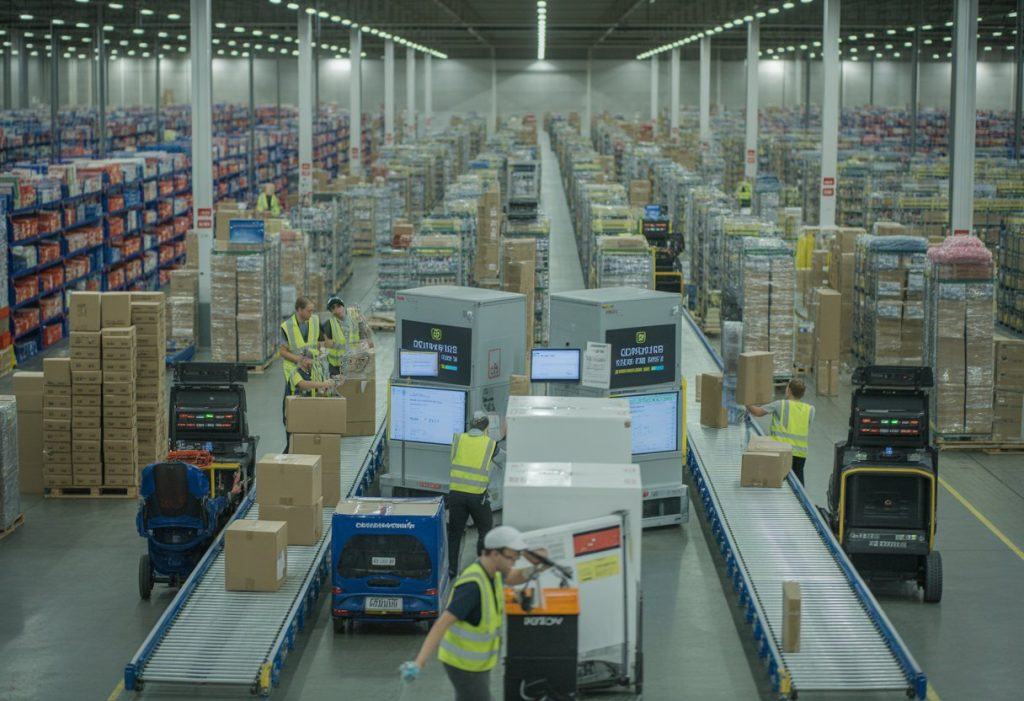 Inside a busy warehousing and fulfilment centre with workers handling packages and conveyor belts moving parcels towards delivery trucks.
