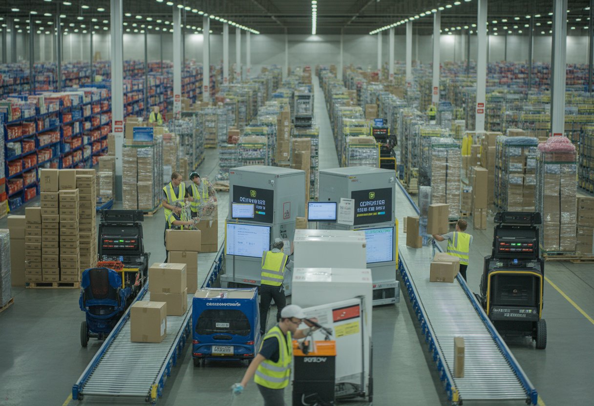 Inside a busy warehousing and fulfilment centre with workers handling packages and conveyor belts moving parcels towards delivery trucks.
