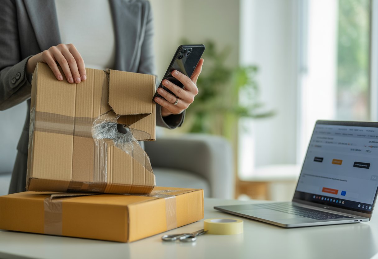 Person inspecting a damaged cardboard parcel at home, taking a photo of it with a smartphone in a bright living room.