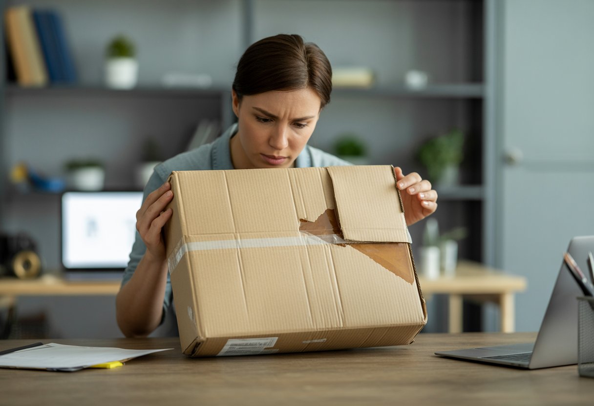 A person inspecting a damaged cardboard parcel on a table in a home office setting.