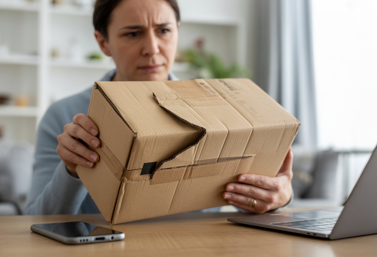A person examining a damaged cardboard parcel on a table with a smartphone and laptop nearby in a bright living room.