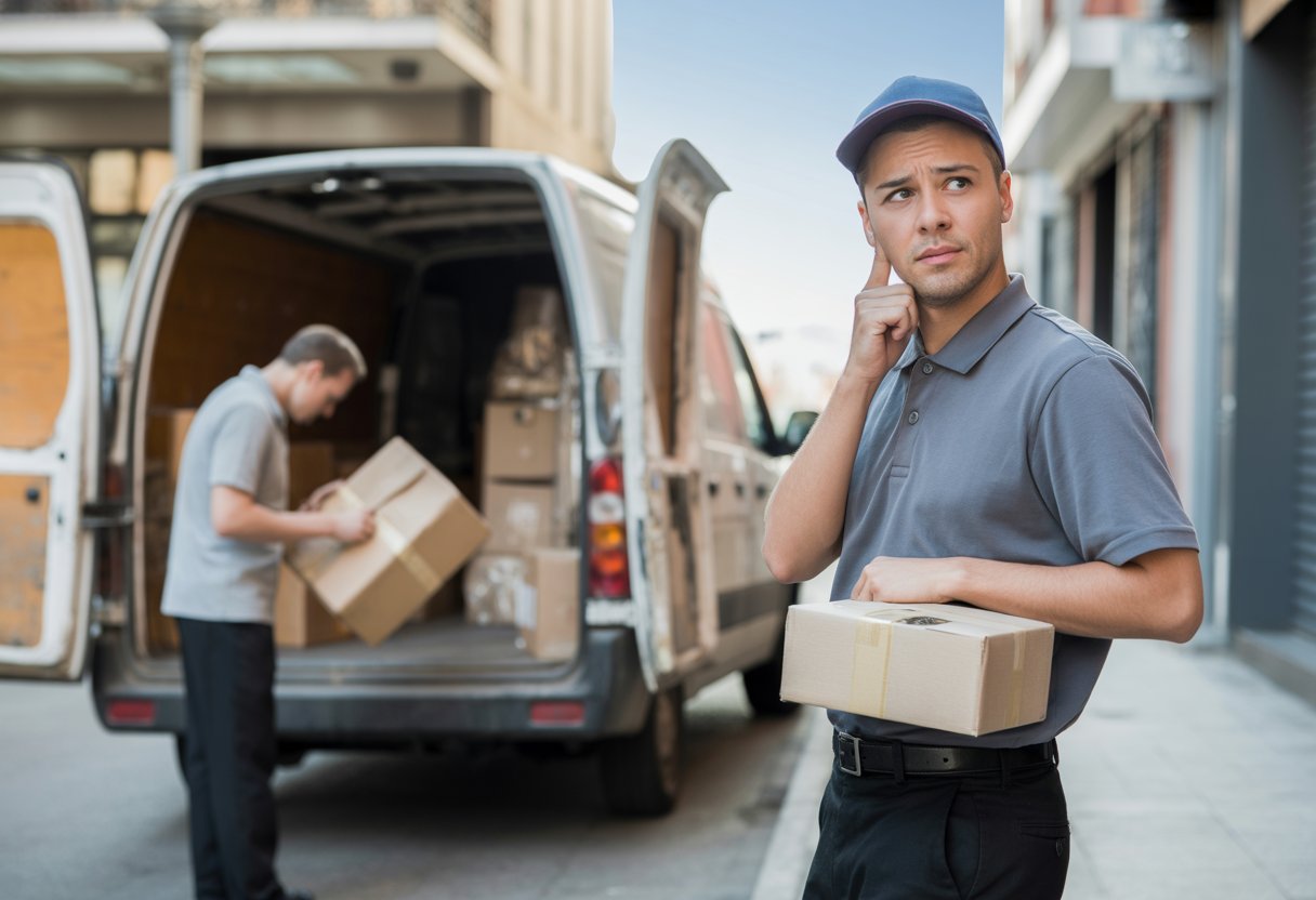 A courier holding a small parcel looks concerned while a customer examines a damaged package beside a worn delivery van on a city street.