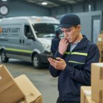 A courier sorting centre with scattered packages, a concerned courier checking a device, and a delivery van parked nearby.