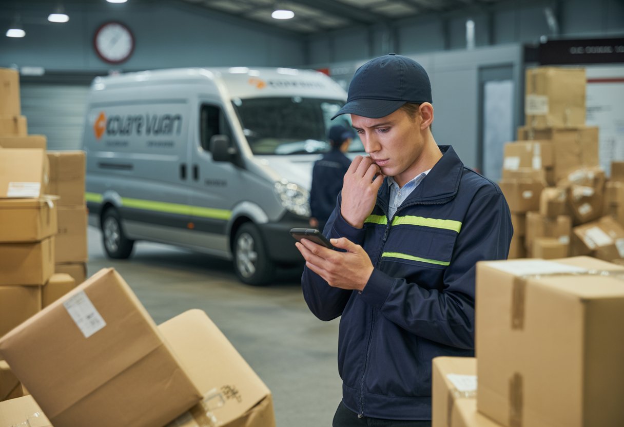 A courier sorting centre with scattered packages, a concerned courier checking a device, and a delivery van parked nearby.