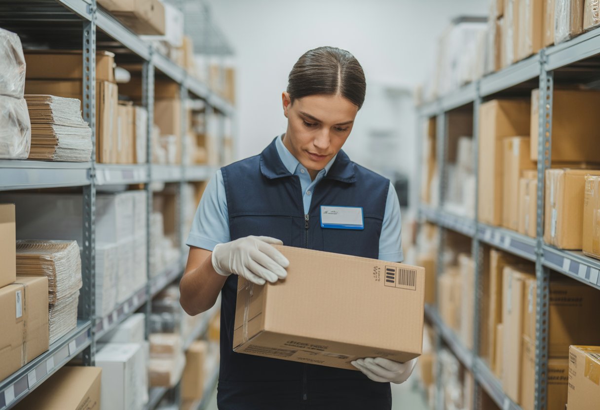 A secure delivery expert carefully inspecting a cardboard package in a warehouse with shelves of parcels in the background.