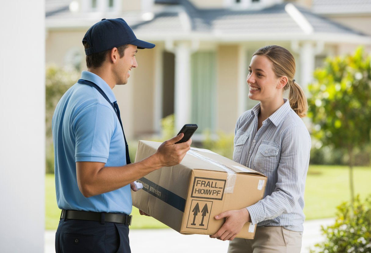A courier handing a securely packaged parcel to a customer at a house doorstep during daytime.