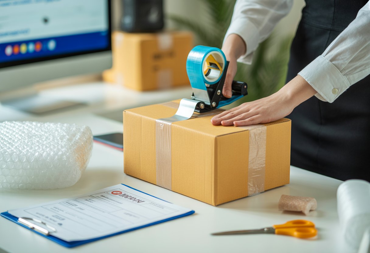 A person taping a cardboard box on a tidy desk with packing materials and a shipping label nearby.
