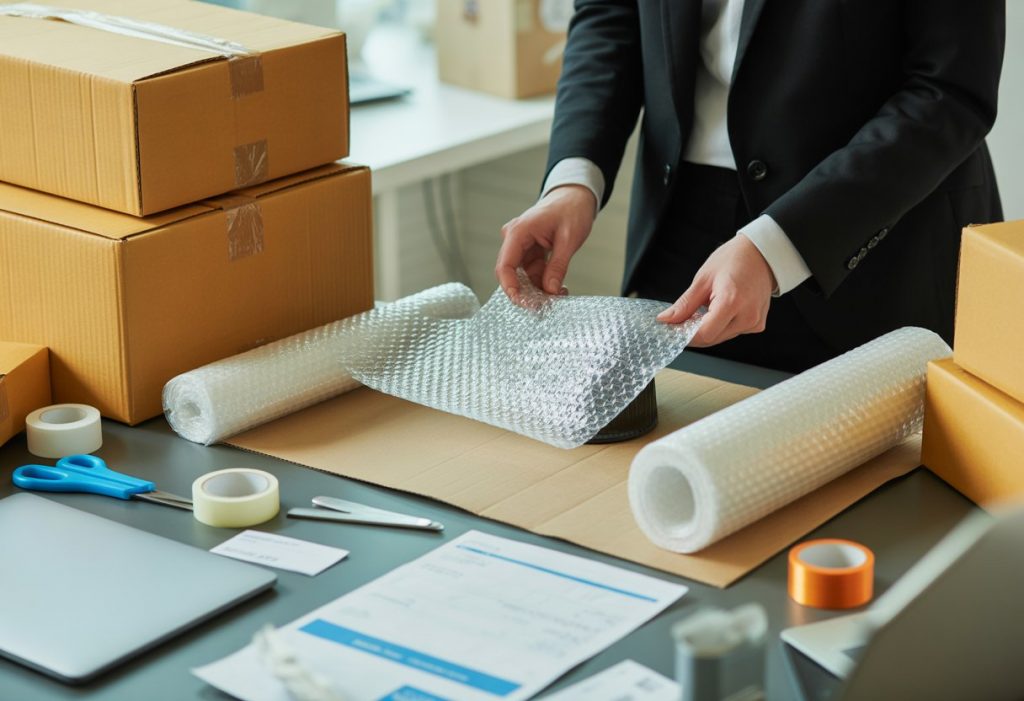 Hands wrapping a fragile item with bubble wrap on a desk surrounded by packaging materials and shipping supplies.