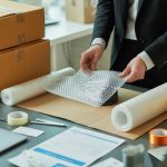 Hands wrapping a fragile item with bubble wrap on a desk surrounded by packaging materials and shipping supplies.