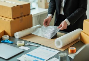 Hands wrapping a fragile item with bubble wrap on a desk surrounded by packaging materials and shipping supplies.
