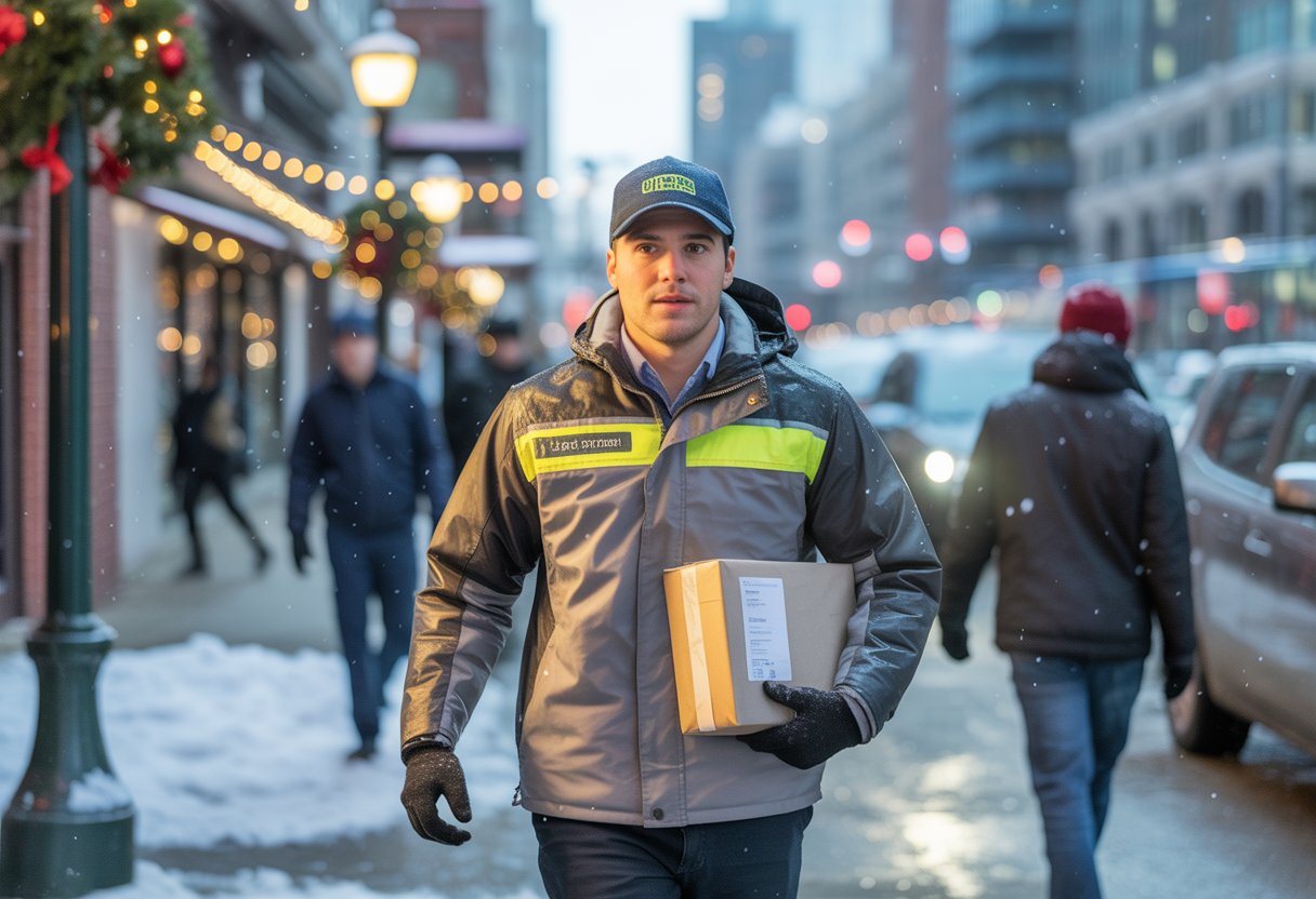 A courier wearing a warm uniform carrying a package through a snowy city street decorated with holiday lights.