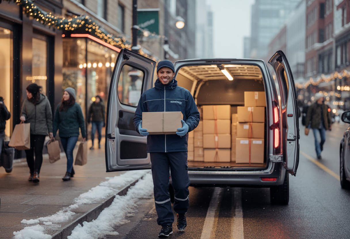 A courier holding a parcel next to a delivery van on a snowy city street decorated for the holidays.