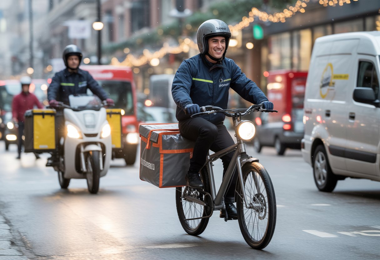 A courier riding a motorbike with delivery bags on a city street decorated for winter, with light snow falling.