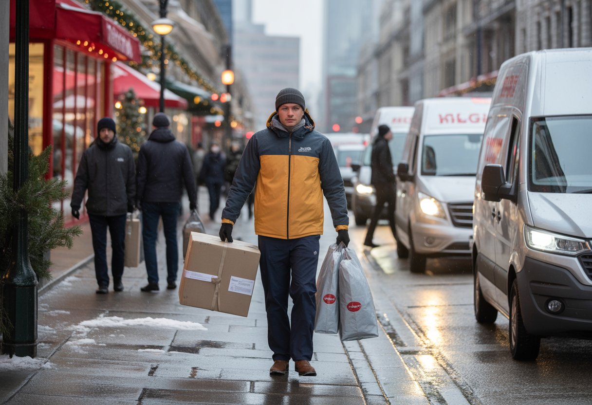 A courier wearing winter clothes carrying parcels on a snowy city street with holiday decorations and delivery vehicles nearby.