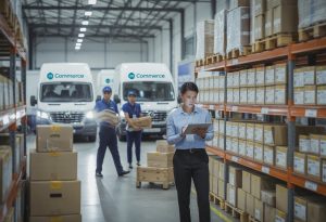 A logistics manager checks a tablet in a busy warehouse where workers load parcels into delivery vans.