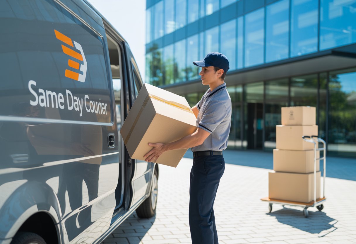A courier loading a large parcel onto a delivery van outside an office building on a clear day.