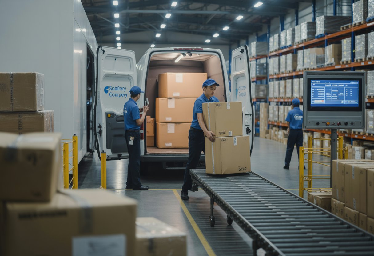 Workers loading large parcels onto delivery vans inside a busy courier warehouse.