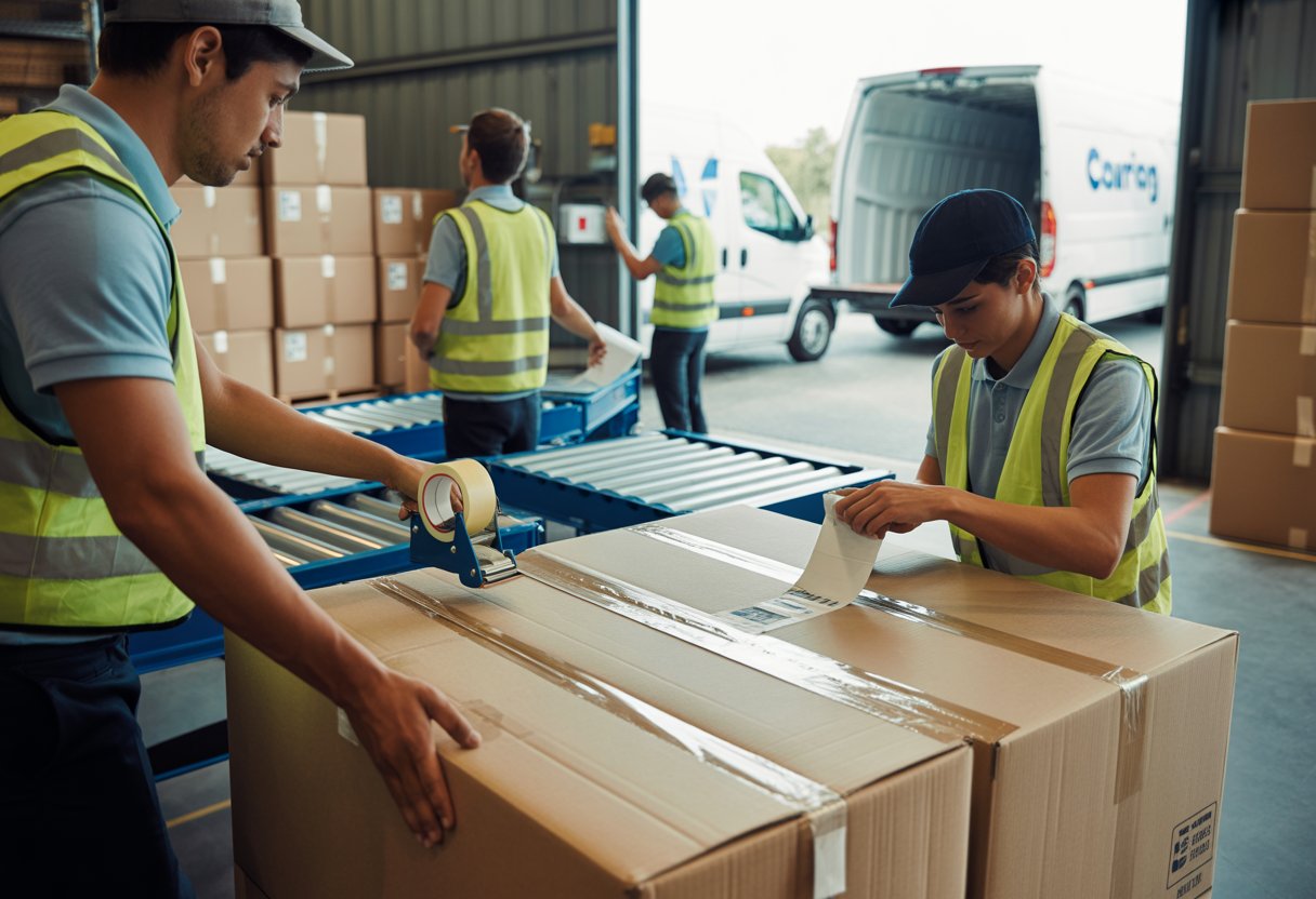 Workers packing and sealing large parcels in a busy warehouse preparing them for same day courier delivery.