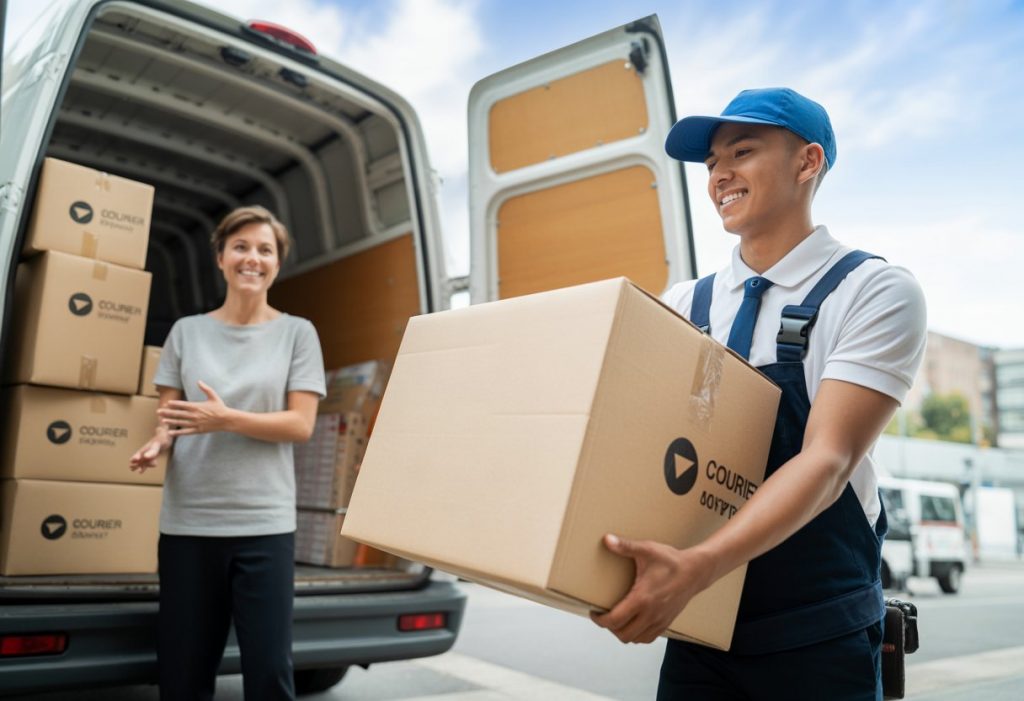 A courier handing over a large parcel to a smiling customer outside a delivery van in a city setting.
