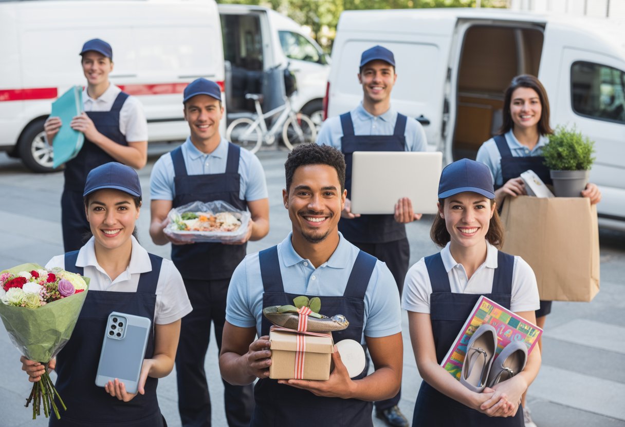 Delivery workers holding common items for same day delivery including flowers, gift box, smartphone, meal container, laptop, documents, wine bottle, shoes, book, and potted plant in an urban setting.